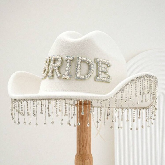 Accessories - White Bride Pearl Bride Cowgirl Hat with Rhinestone Fringe Wifey Cowboy Hat